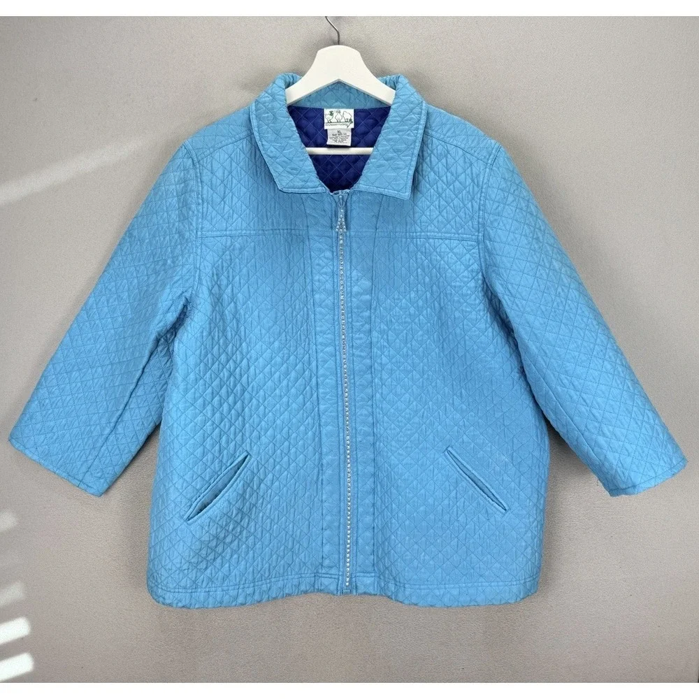 Quacker Factory Jacket Women's Sz XL Blue Silk Quilted Rhinestones‎ Coat Pockets
